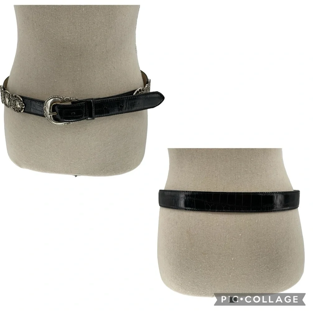 Fossil Black Croco Embossed Cowhide Belt Scrolled Silver Tone Accents/Buckle - L